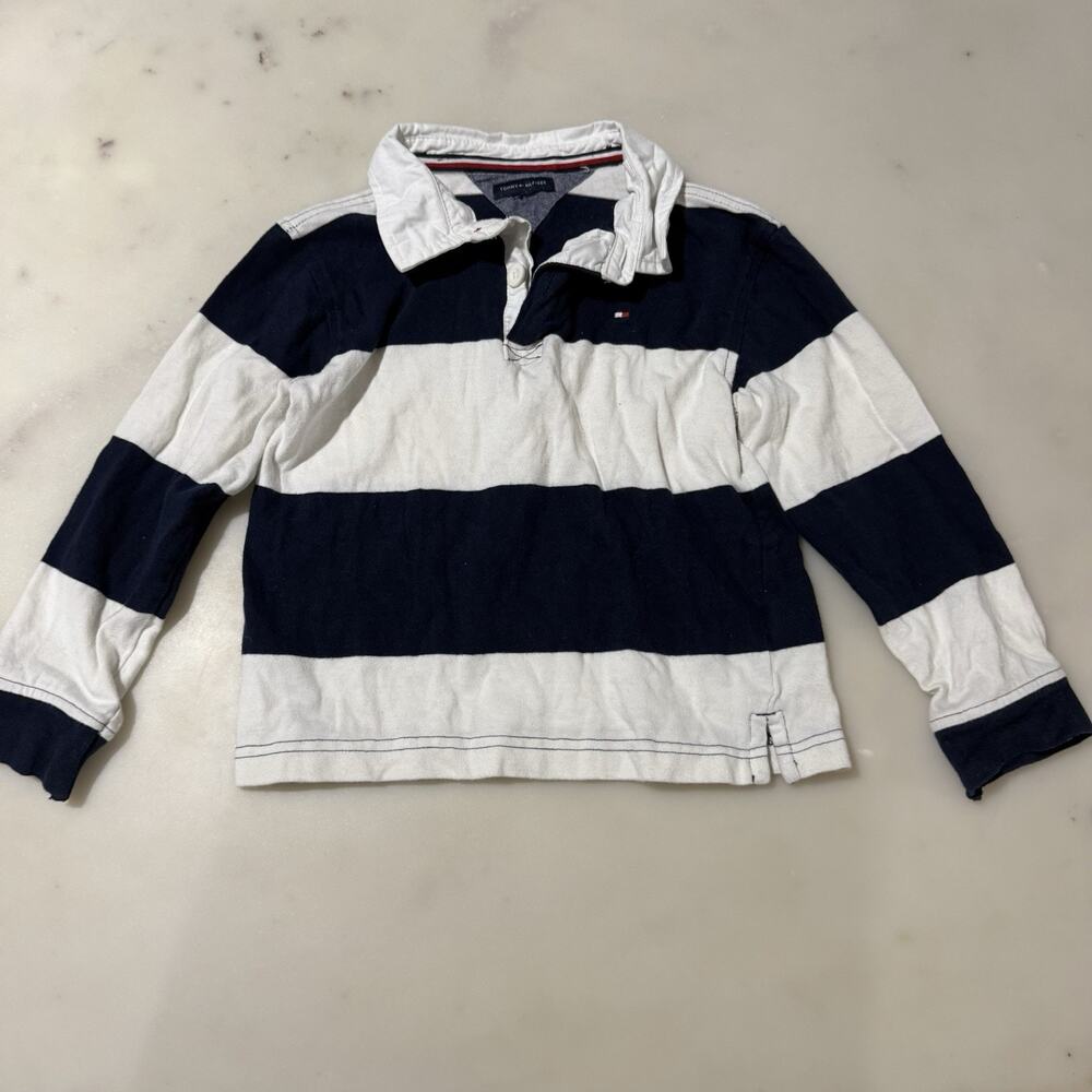 Tommy Hilfiger Rugby Shirt Kid’s S 100% Cotton Navy White Striped Long Sleeve